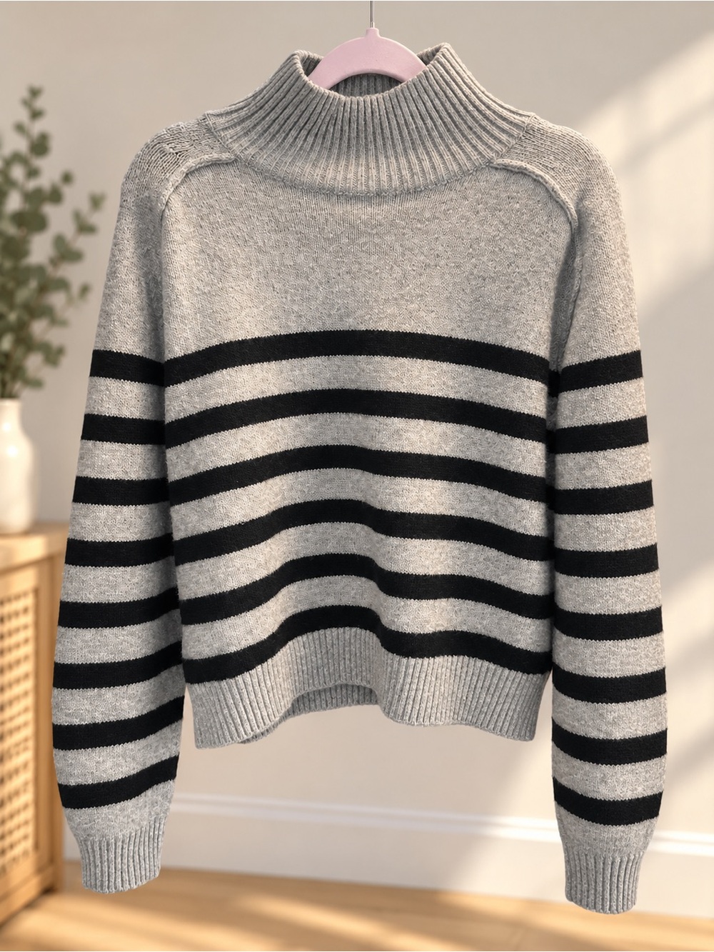 H&M Grey and Black Striped Turtleneck Sweater